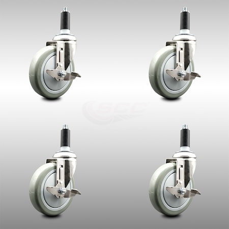 Service Caster 5 Inch 316SS Gray Poly Swivel 1-1/8 Inch Expanding Stem Caster Set Brake SCC SCC-SS316EX20S514-PPUB-TLB-118-4